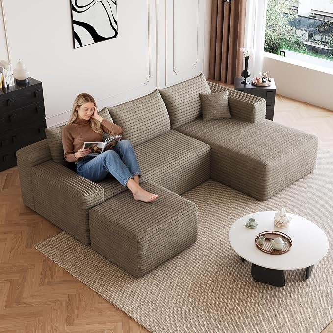 95" Cloud Boneless Sectional Sofa Couch with Chaise Lounge and Ottoman, Modern Corduroy Right Facing Modular Sectional Sofa Compressed Corner Couch with Deep Seat, No Assembly Required