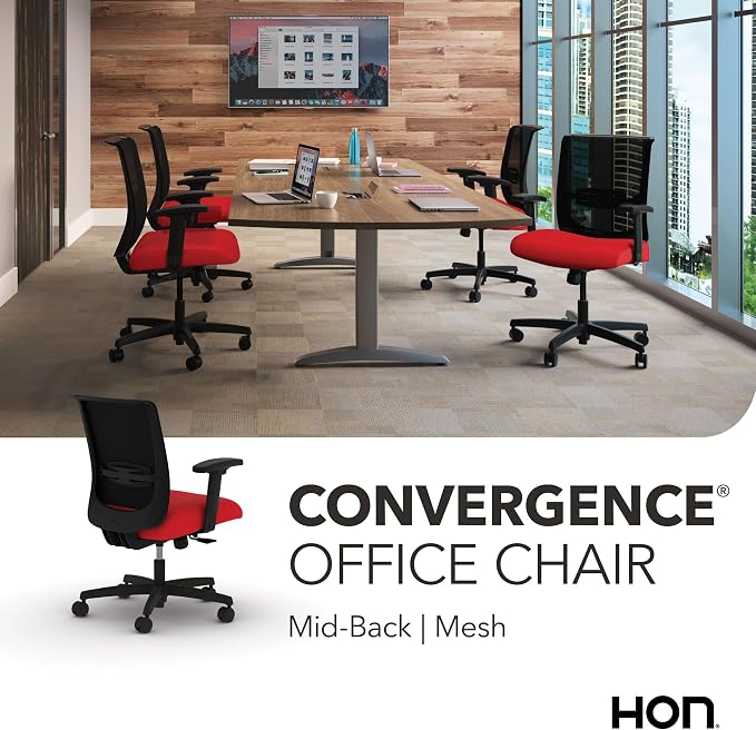 HON Convergence Ergonomic Office Chair with Mesh Back, Adjustable Arms, Lumbar Support, Synchro‑Tilt Desk Chair with Wheels for Home Office or Computer Use, Black Frame, Ruby