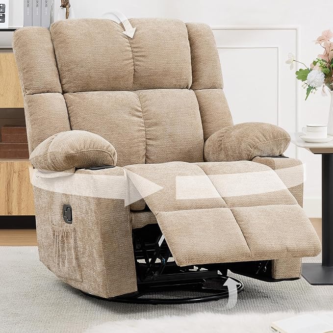 Swivel Rocker Recliner,Rocking Recliner with Adjustable Headrest | Upholstered Fabric Swivel Rocking Chair for Bedroom,Living Room,Brown