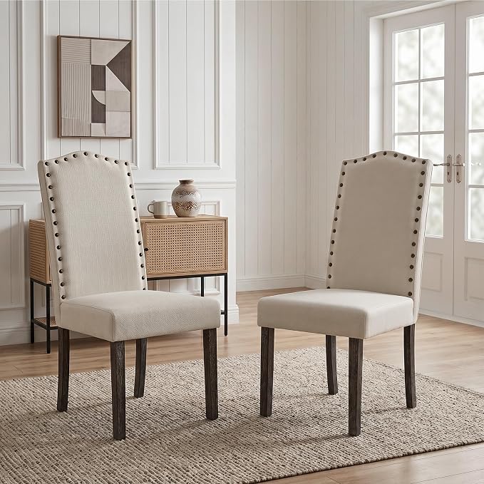 LSSBOUGHT Dining Chairs Set of 2, Upholstered Parsons Dining Room Chairs Fabric Kitchen Chairs with Solid Wood Frame and Nailhead Trim(Beige, 2PCS)