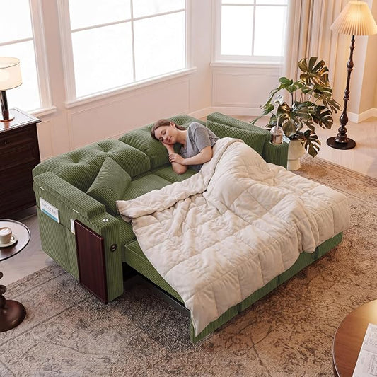 73" Queen Size Sofa Bed, Loveseat Sleeper Sofa with Pull Out Bed, 360° Swivel Table and USB, Modern 2 Seater Convertible Corduroy Couch for Living Room Bedroom Apartment, Green