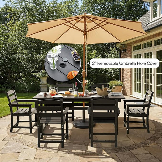 nalone 7-Piece Patio Dining Table Set, HDPE Outdoor Dining Sets with Table and 6 Chairs, Dining Furniture Set with Umbrella Hole (Black, 7 Pcs)