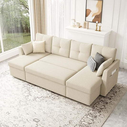 Huatean Home Oversized Sleeper Couch Sofa, Sectional Sleeper Sofa Bed with Side Pocket for Living Room, 110 inch 2 in 1 Pull Out Couch with Double Storage Chaise, Beige