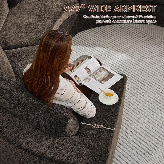 WUTUTUEE Curved Round Boneless Sofa, Oversized Modular Sectional Sofa with Deep Seat, Chenille Memory Foam Sofa with Pillows, Upholstered Comfy 2 Middle Seat Couch for Living Room, Brown
