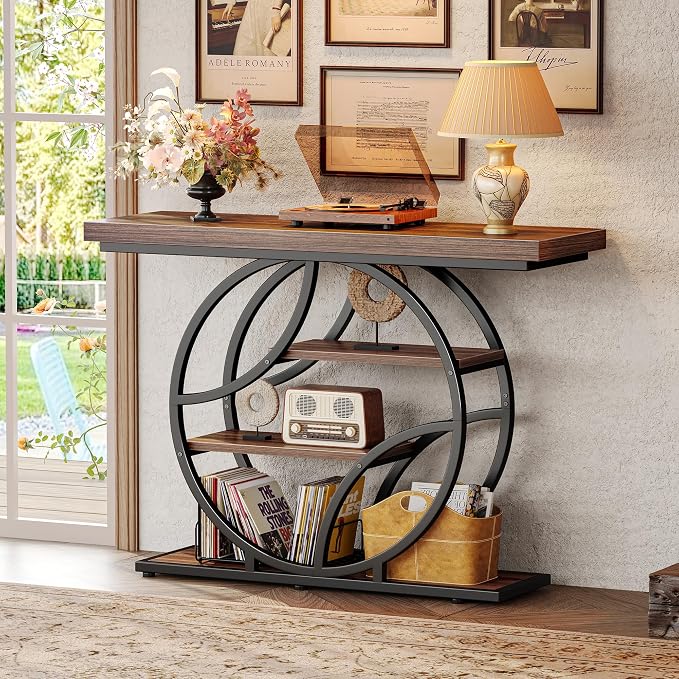 Huuger 41.3 Inch Entryway Table, Modern Console Sofa Table, Accent Table with Shelves, for Entry, Hallway, Entrance, Foyer, O-Shaped Metal Frame, Dark Walnut