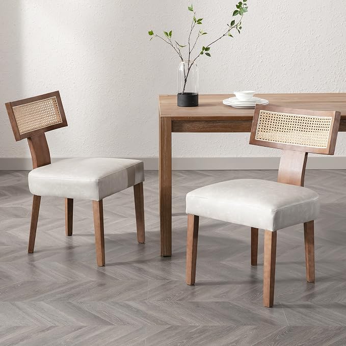 RIVOVA Rattan Dining Chairs Set of 2, Mid-Century Modern Dining Chair, Kitchen Dining Room Chairs, Curved Cane Back Upholstered PU Leather Dining Chairs with Wood Frame, Grey