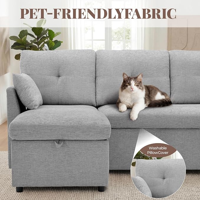 Huatean Home Oversized Sleeper Sofa Couch, 100 inch 2 in 1 Pullout Couch Bed with Side Pockets for Living Room, Sectional Sleeper Sofa Bed with Double Storage Chaise, LightGrey