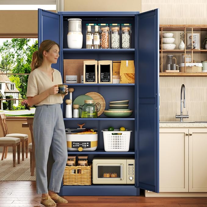 71" Metal Pantry Cabinet,Storage Cabinet with Doors and Shelves | Metal Storage Cabinet,Gold Handles,Adjustable Shelves,Magnetic Doors,Leveling Feet,Anti-tipping,for Kitchen/Garage Blue
