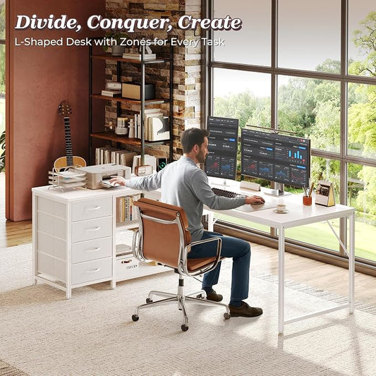 PRAISUN 61" L Shaped Desk with Power Outlets & USB-C Port, Reversible Computer Corner Office Desk with 4 Fabric Drawers and 2 Storage Shelves, Large Desk for Gaming Writing Study, White
