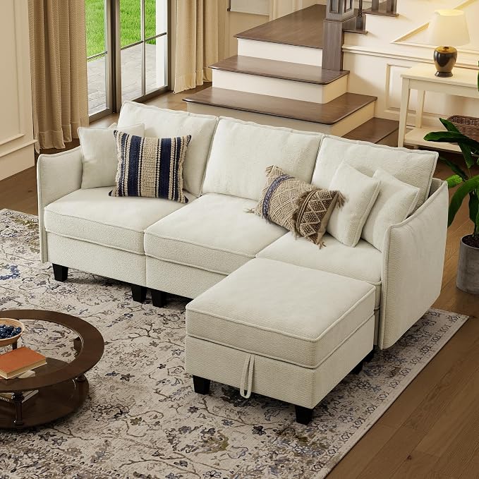 WorthFurni Modular Sectional Sofa L Shape Couches with Storage Ottoman and Washable Cushion Cover for Living Room, Apartment, Bedroom(Beige)