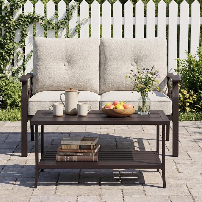 FansaFurn 2-Pieces Outdoor Patio Furniture Set, Outdoor Metal Sectional Furniture with Cushions, Outdoor Conversation Set with Coffee Table for Deck, Backyard, Garden, Balcony, Khaki