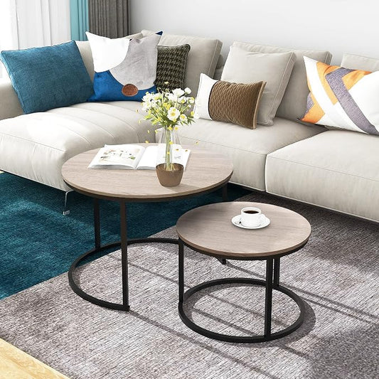 HOMERECOMMEND Round Coffee Tables Nesting Side Set of 2 End Tables for Living Room,Round Table with Solid Powder-Coated Metal Frame Natural Wood Color