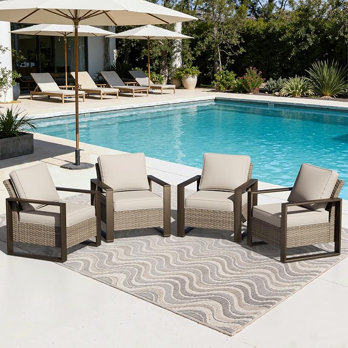 Joyside Outdoor Patio Chairs Set, 4 Pieces Wicker Rattan Chairs with Metal Wide Armrest, Thick Cushions and Deep Seating for Garden, Backyard, Porch, Deck