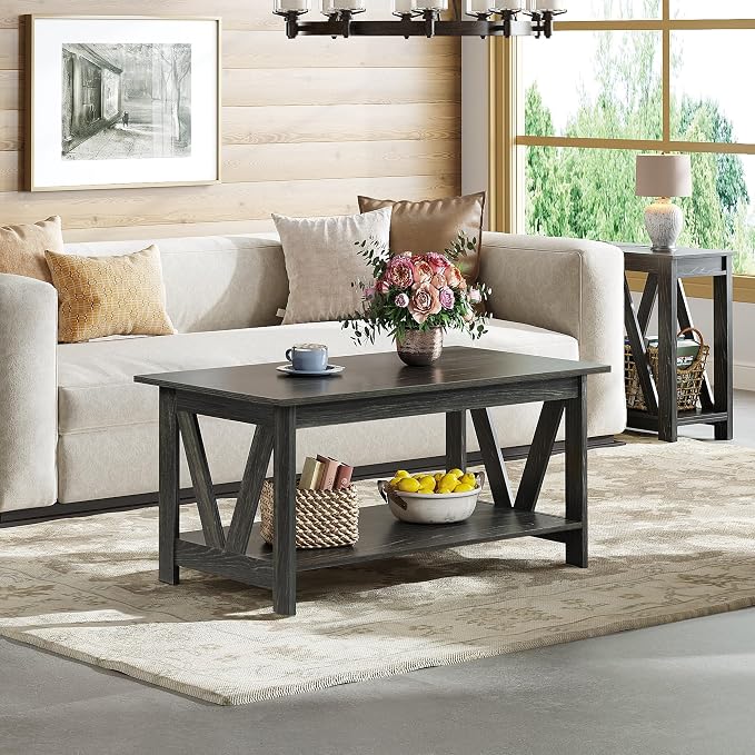 WLIVE Coffee Table with Storage Shelf, 39.4" Farmhouse Coffee Table with V-Frame Support, 2-Tier Wood Rustic Center Table for Living Room, Bedroom & Balcony, Charcoal Black