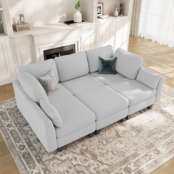 Sectional Sleeper Sofa, 6 Seaters Modular Sleeper Sofa Couch, Comfy Sectionals Couches Bed, Convertible Sofas with Ottomans, Modular Sectional Couches for Living Room, Light Grey