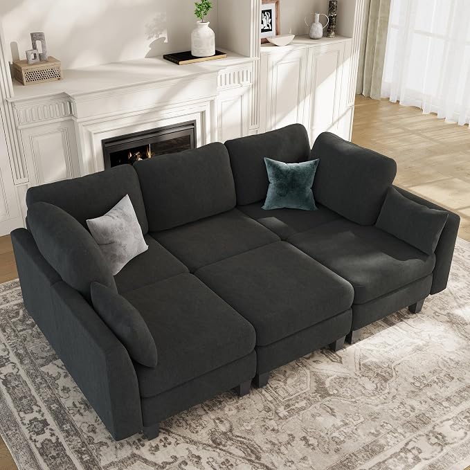 Sectional Sleeper Sofa, 6 Seaters Modular Sleeper Sofa Couch, Comfy Sectionals Couches Bed, Convertible Sofas with Ottomans, Modular Sectional Couches for Living Room, Dark Grey