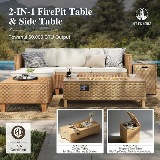 HERA'S HOUSE Small Patio Furniture Set with Fire Pit Table, 5 Pieces 4 Seats Wicker Outdoor Sectional Sets,Yellow Rattan Conversation Set with Sofa and Table for Backyard, l Shape Balcony Couch