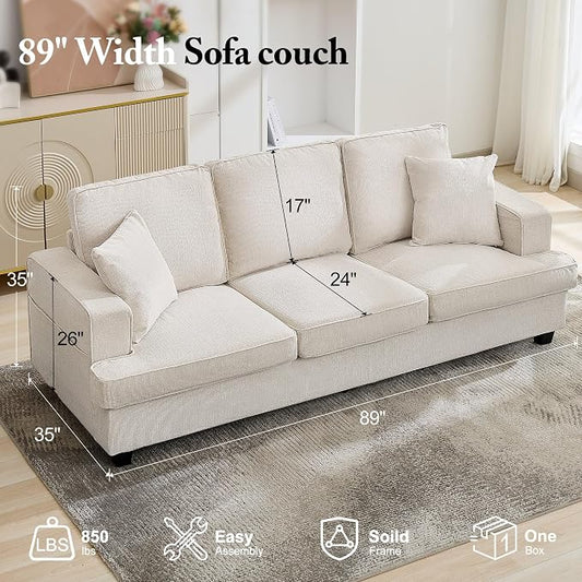 Korser 89" Couches for Living Room with Deep Seats, 3 Seater Sofa Couch, Mid Century Modern Chenille Sofa with Armrests, Upholstered Comfy Sofas for Living Room, Bedroom, Apartment, Office (Beige)