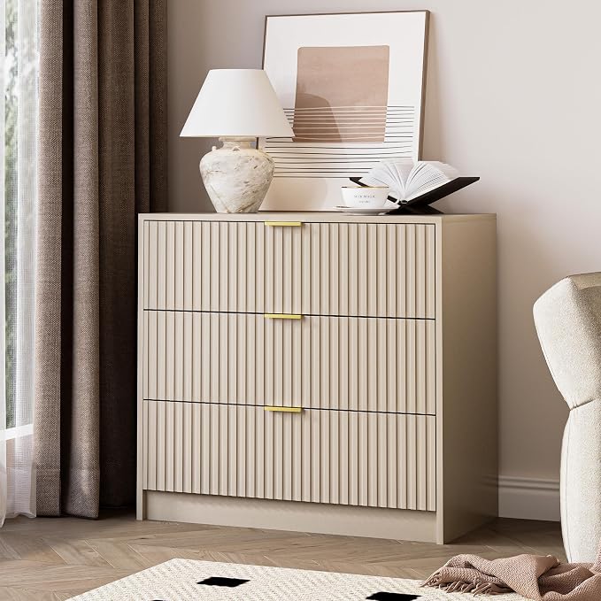 MAISONARIA 3-Piece Dresser Bedroom Set, 9 Drawer Dresser & 3 Drawer Nightstands with Gold Handles, Fluted Wood Chest of Drawers for Bedroom, Living Room, Entryway, Beige