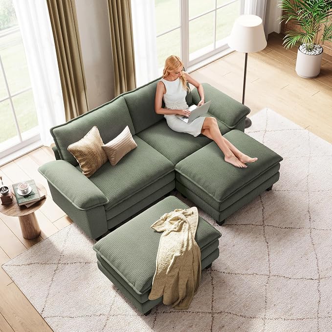 LINSY HOME 90'' Modular Sectional Sofa 2 Seat Couch Corduroy Cloud Couch with Deep Seat, Modern Cloud Couch with 2 Movable Ottoman for Living Room, Office, Bedroom, Green