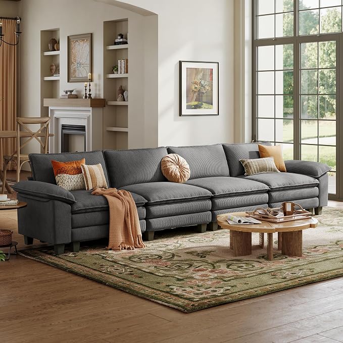 LINSY HOME 157'' Modular Sectional Sofa 4 Seat Couch Corduroy Cloud Couch with Deep Seat, Modern Cloud Couch for Living Room, Office, Bedroom, Grey