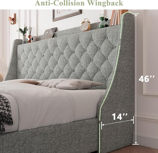 Feonase King Size Bed Frame with 4 Storage Drawers, Storage Bed with Charging Station, Tufted Wingback Headboard, No Box Spring Needed, Light Grey
