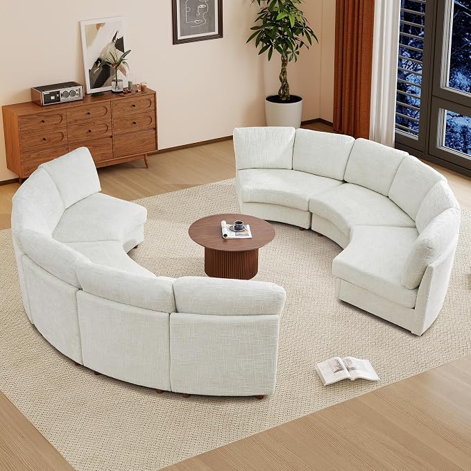 ORRD Curved Half Moon Sectional Sofa, Symmetrical Modular Sectional Couch, Boucle Modular Sectional Sofa with Pillows, Chenille Comfy 6 Seat Couch for Living Room, White