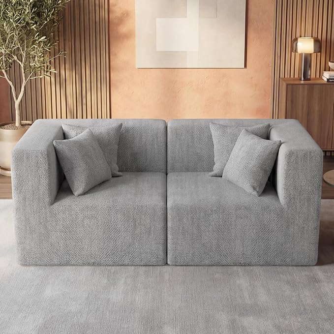 MONVANE 75" Loveseat Sofa, Comfy Chenille Modular Sectional Sofa with 4 Pillows, Modern Deep Seat Boneless Couch, 2 Seater Sofa for Living Room, Bedroom and Apartment, Light Grey