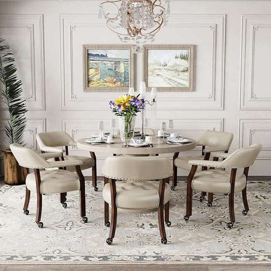 LEEMTORIG Set of 6 Large Dining Chairs with Casters and Arms, Rolling Dining Chairs with Wheels Game Chairs, Wood Boss Caption's Chair, 26"D x 25.2"W x 31.5"H, Espresso Legs & Beige PU, XXY-1910-BG