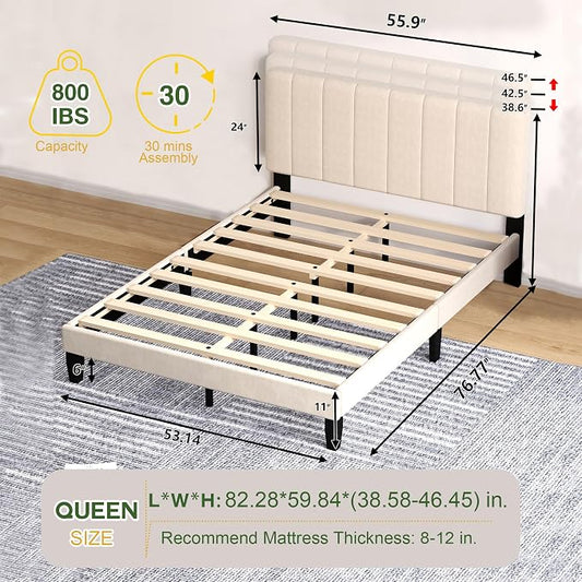 Queen Size Bed Frame with Headboard, Platform Bed with Soft Velvet Upholstered Headboard | Wooden Slats Support | Adjustable Height | No Box Spring Needed, Queen Bed Frame Beige