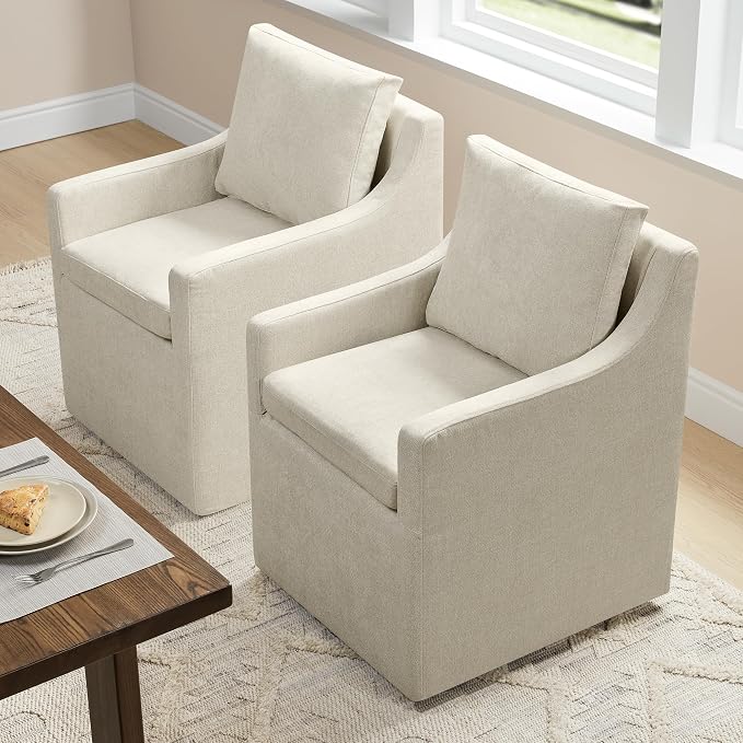 KISLOT Upholstered Dining Chairs Set of 1, Washable Cover Modren Deskchair with 4 Casters & Hidden Storage for Dining Room, Living Room, Home Office, Beige, 1 Box