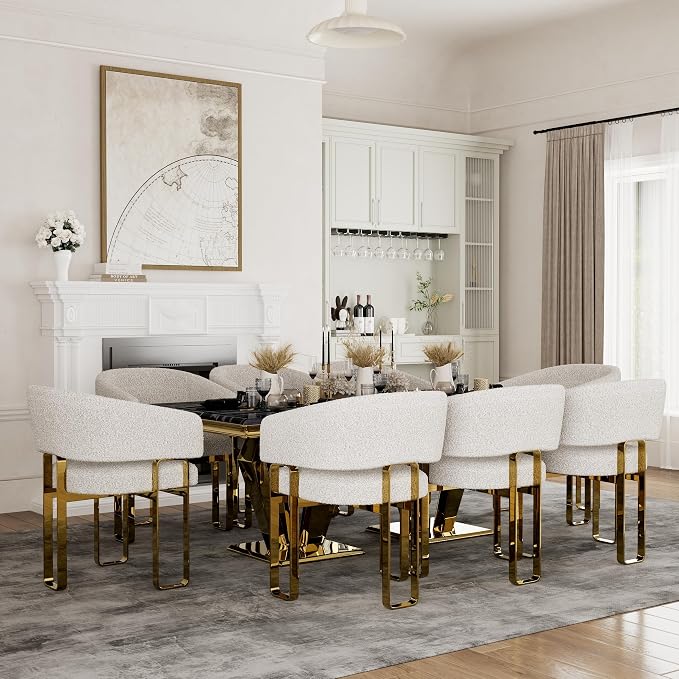 Dining Chair with Arms, Luxury Off White Boucle Barrel Dining Room Chair with Mirrored Gold U-Shaped Legs for Kitchen, Bedroom, Makeup Room, Set of 24