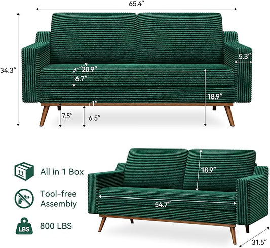 65" Loveseat Sofa, Comfy Green Corduroy Couches for Living Room, Mid Century Modern Love Seat Sofa, Tool-Free Setup Small Couches for Bedroom Office