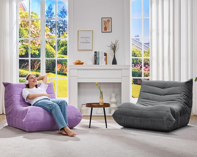 Hobestluk Adults Bean Bag Chair Faux Fur BeanBag Couch for Living Room | Purple Corduroy,Ergonomic Design,Memory Foam,UltraSoft,Anti-slip Bottom,No Assembly Required,Decorative Style for Living Room