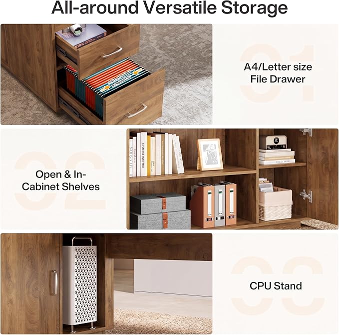Tribesigns 85.8-Inch L-Shaped Executive Office Desk with File Drawers & Storage Cabinet, Professional Corner Computer Desk Extra Large Business Workstation with Adjustable Shelves, Light Brown