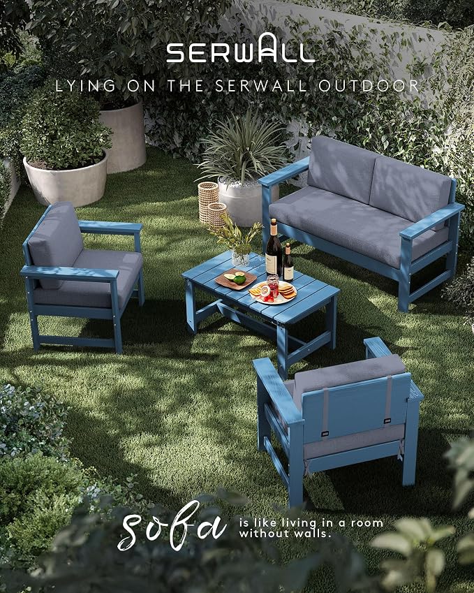 SERWALL 8 Pieces HDPE Outdoor Conversation Sofa Set with Cushion, All Weather Couch Loveseat Furniture Set with Pads, Outdoor Social Sofa Coffee Table Set, Blue Frame with Grey Cushions