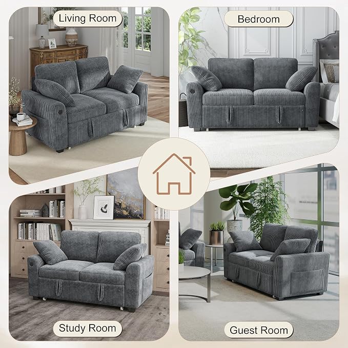 Hanherry 59" Loveseat Sofa with Pull Out Couch Bed, Corduroy 2-in-1 Convertible 2 Seater Sleeper Sofa with USB Charging,Comfy Love Seat for Small Spaces Living Room Apartment