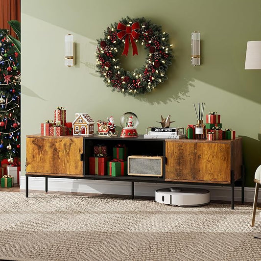WLIVE 58" TV Stand for 65 Inch TVs, Mid Century Modern Entertainment Center with 2 Storage Cabinets & Open Shelf, Media Console Table with Metal Legs for Living Room, Bedroom, Rustic Brown