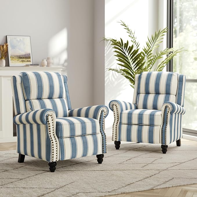 Recliner Chair, Modern Pushback Armchair with Adjustable Backrest & Footrest for Bedroom, Living Room, Navy Blue Stripe,Set of 1