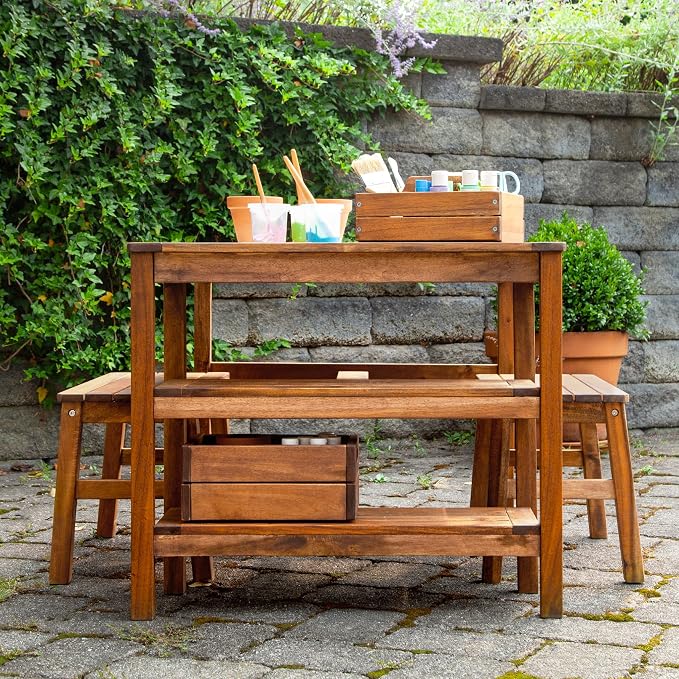 Martha Stewart Kids Outdoor Craft Table and 2 Bench Set: Acacia Wood Activity Desk w/Crate, Caddy, and Storage Shelves | Kids Play & Picnic Table w/Benches for Backyard, Patio, Outdoor Classrooms