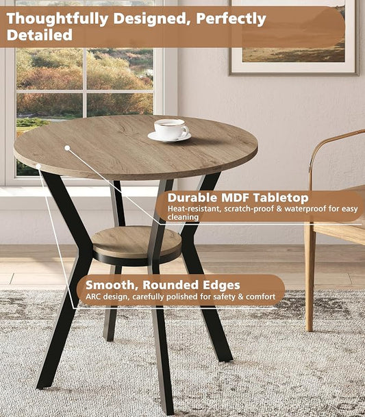 MECHYIN Round Dining Table, 31.5" Small Kitchen Table with Storage, Space Saving Dining Table, Rustic Wood Table with Metal Legs for Apartment, Dining Room & Kitchen Nook