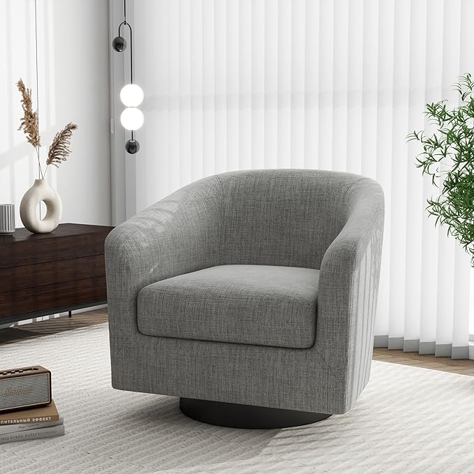 Swivel Barrel Accent Chair, Modern Round Linen Arm Chair for Living Room, Bedroom, Comfy Club Reading Chairs for Adults(Linen Fabric, Light Grey, Set of 2