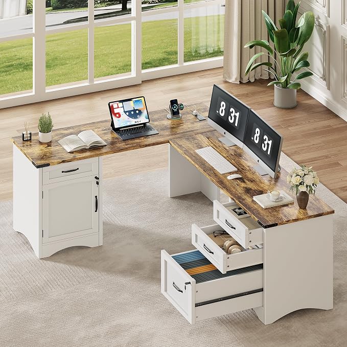 Decofy Farmhouse L Shaped Standing Desk with Storage Drawers, 67'' Corner Office Desk with File Cabinet & Charging Station, Wood Writing Computer Desk for Home Office, Study Room, White