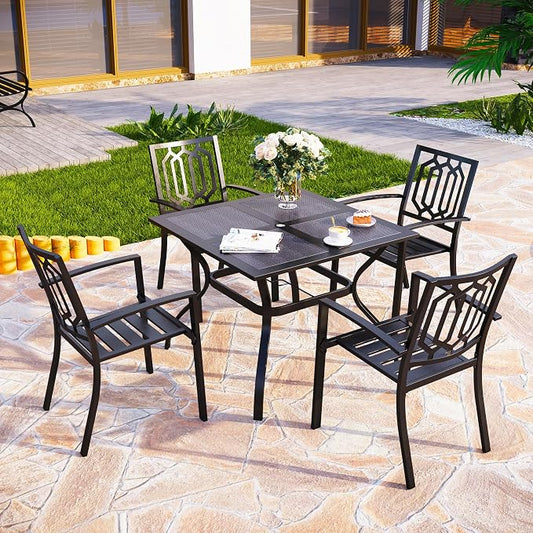 PHI VILLA 5 Pieces Outdoor Dining Set for 4, 37” Black Square Metal Steel Table with Mesh Top & Stackable Wrought Iron Chairs, Outside Furniture Set for Patio, Deck, Backyard, Porch