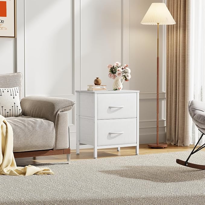 Sweetcrispy Nightstand with 2 Storage Drawers, Small Bedside Table, White | 20" Height End Table, Wooden Top Fabric Cabinet for Bedroom, Furniture, Closet, College Dorm