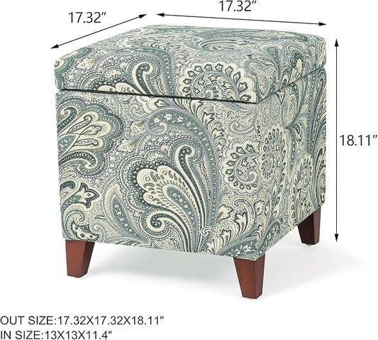 Adeco 18" Cube Storage Ottoman in Blue Paisley, Upholstered Linen Foot Stool & Accent Chair for Entryway, Vanity or Small Spaces