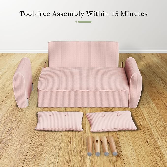 Vongrasig 47" Small Modern Loveseat Sofa, Mid Century Soft Corduroy Fabric 2-Seat Sofa Couch Tufted Love Seat with Back Cushions and Tapered Legs for Living Room, Bedroom and Small Space (Pink)