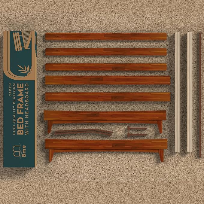 Bme Caden Queen Bed Frame and Adjustable Headboard, 15 Inch Mid Century Retro Style - Solid Acacia Wood - No Box Spring Needed - 12 Strong Wood Slat Support - Easy Assembly - Dark Chocolate