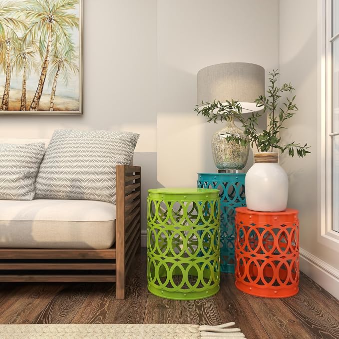 Deco 79 Metal Accent Table, 22", 18", 15"H, Matte Multi Colored | Small outdoor table style, set of 3 accent tables, outdoor end tables for patio, laser cut iron