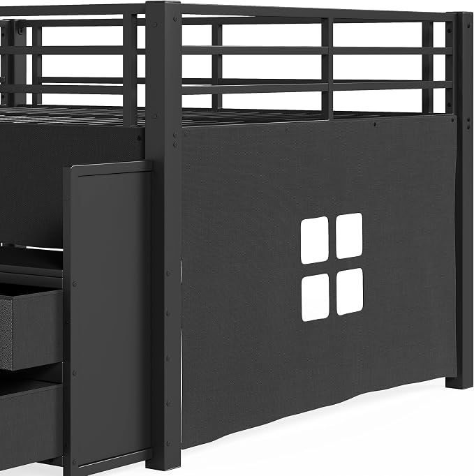 Bellemave Full Low Loft Bed,Metal Kids Loft Bed Frame for Boys Girls,Black | Fabric Drawers,LED Lights,Storage Shelves,Under-bed Space,Space-saving